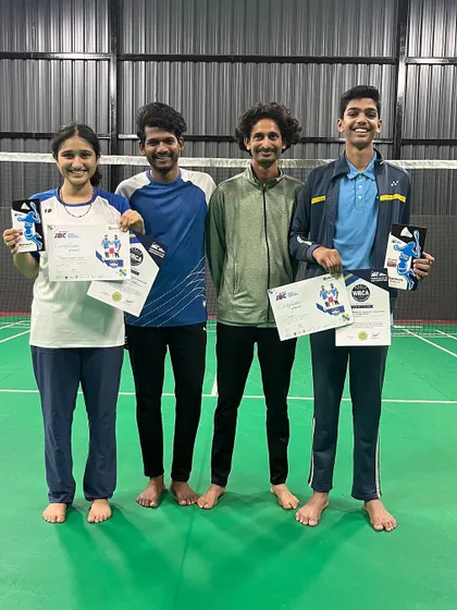 Our champions, Ruthwa and Shivaraj, with their coaches after the PNB MetLife tournament. A proud moment for the RBA family.