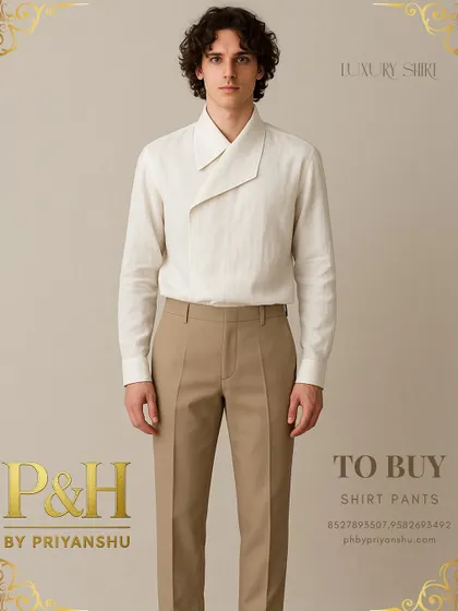 A closer view of the off-white linen shirt, highlighting the texture of the pure linen fabric and the innovative design of the designer collar.