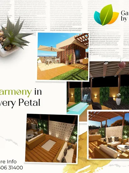 Harmony in every petal. This collage presents various design elements, including a pool, a decorative privacy screen, and multiple seating arrangements under a pergola, all unified by a theme of natural wood and lush plants.