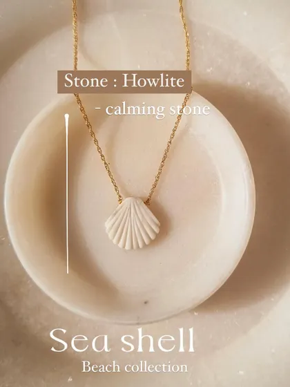 From my beach collection, the 'saṅkha' Howlite Shell Pendant. Howlite is a calming stone, and I love how the shell shape connects it to the tranquility of the ocean.
