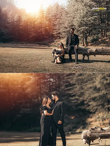 A collage of a couple in a sunlit forest, showing them in both posed and candid moments, capturing their connection.