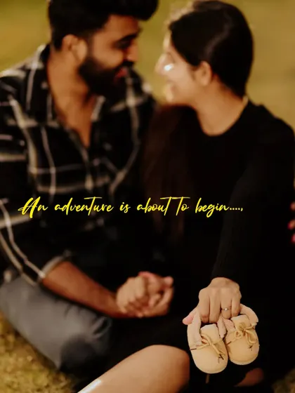 "An adventure is about to begin." This photo uses a pair of tiny baby shoes as a beautiful symbol of the new journey the couple is embarking on. It's a creative and heartfelt way to announce a pregnancy.
