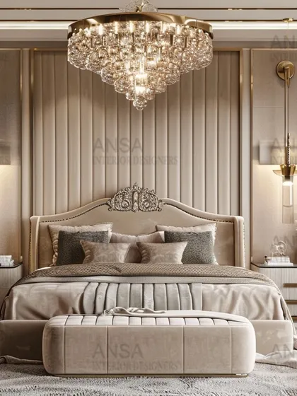 Your bedroom should be your personal sanctuary. I designed this space using a palette of soft, neutral tones, plush textures, and a magnificent crystal chandelier to create an atmosphere of pure tranquility and opulence. It’s a room designed not just for sleep, but for rest and rejuvenation.