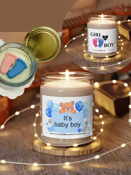 A collage showing the "It's a baby boy" candle, the custom label, and the cute baby feet topper option. I can mix and match designs to create your perfect favor.