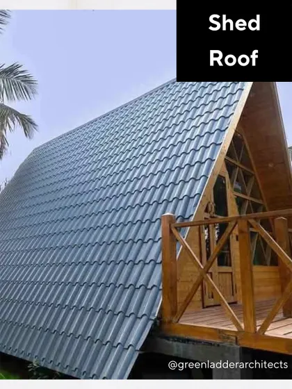 This image showcases a Shed Roof, which features a single, steep slope. This modern design is excellent for rainwater harvesting, allows for high ceilings and large windows, and is a cost effective roofing solution.