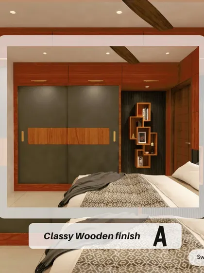 This bedroom showcases a classy wooden finish, with a sliding wardrobe that blends wood and grey panels. The design is complemented by floating shelves with accent lighting, creating a warm, natural, and sophisticated retreat.
