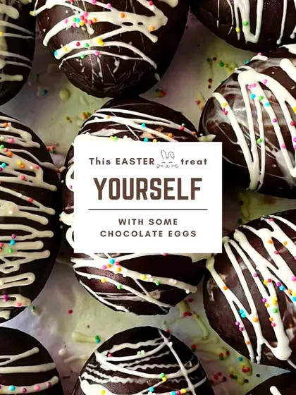 Our solid chocolate Easter eggs, decorated with white chocolate drizzle and sprinkles. A simple, delicious, and classic Easter indulgence.