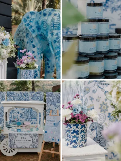 A collage of the decor details from the blue and white carnival, including a painted elephant statue and custom-printed vases.