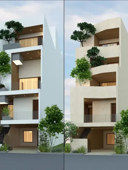 Facade iterations for a narrow 18' x 96' house in Proddatur, exploring contemporary options with terrace gardens.