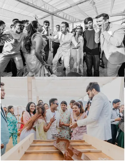 A diptych showing the high energy of the wedding carnival, with guests dancing and playing games. The black and white shot adds a timeless feel to the joyful chaos.