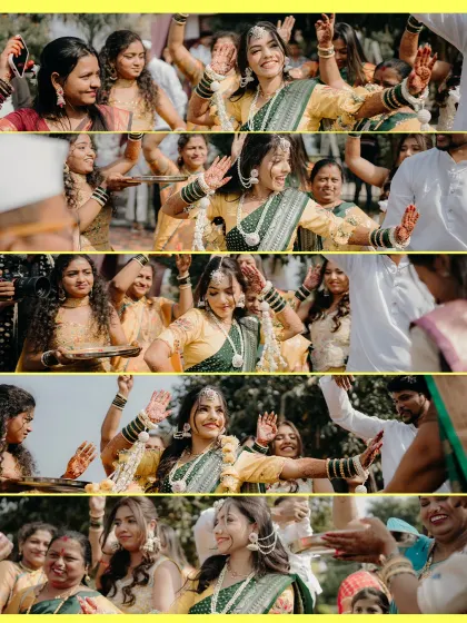 A vibrant collage of the bride dancing with her family and friends at her Haldi function. It’s a celebration of joy, movement, and togetherness.