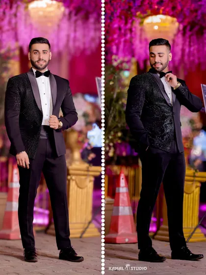 A diptych of the groom in his classic black tuxedo, looking sharp and confident for his engagement party.