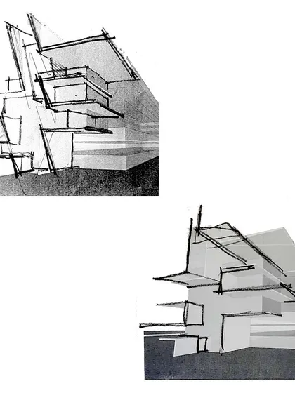 Scheme 3 for a clubhouse in Mysore, starting with rough, energetic sketches.