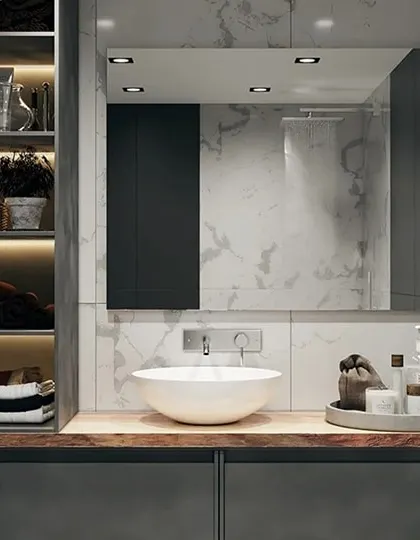 A duplicate render of the bathroom vanity with illuminated open shelving, showing how practical storage can also be a beautiful design feature.