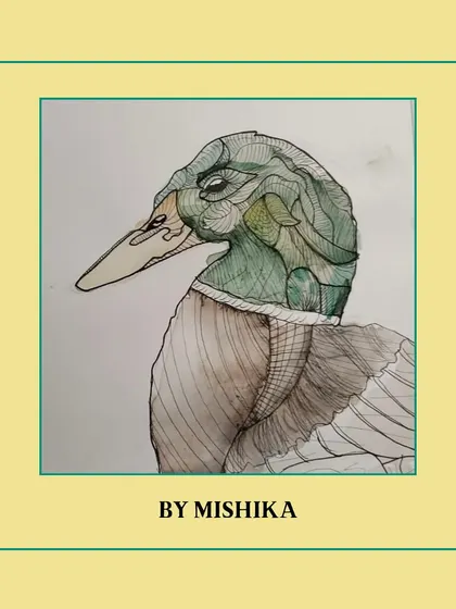 A unique and stylized duck by Mishika, combining the fluidity of watercolor with the precision of ink lines. A great example of mixed media exploration.