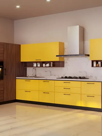 A bold L-shaped kitchen combining vibrant yellow cabinetry with dark wood for a high-contrast, modern aesthetic. This spacious design includes a dedicated tall unit for built-in appliances and vertical storage.