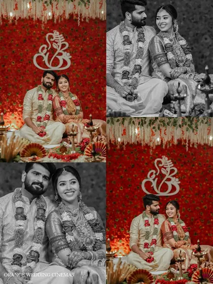 A collage blending color and black and white photos of the couple from their wedding ceremony.