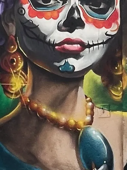 A close-up of the ornaments and face paint details from the cafe mural.