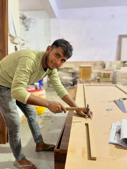 A happy moment from our workshop. Our skilled carpenters are the backbone of our work, bringing designs to life with their hands-on expertise and dedication to quality.