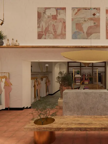 Another render of the Eka store, showing the interplay of light, art, and natural materials. The design features a live-edge wood table, a monolithic stone counter, and terracotta flooring to create a warm, earthy, and poetic space.