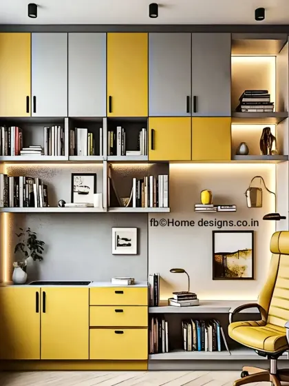 This home office design makes a bold statement with its yellow and grey color scheme. We designed a full wall of custom cabinetry that includes open bookshelves, closed cabinets, and a dedicated desk area with integrated task lighting.