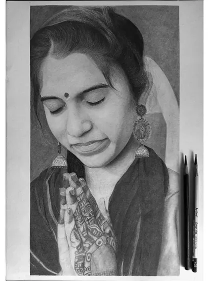 Sometimes even I’m surprised by the finished piece. This was a paid commission where the challenge was to render the delicate mehndi design on her hands with just a pencil.