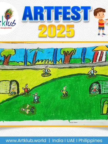 A bird's-eye view of a football game, drawn by a junior artist. This unique perspective shows players scattered across a large green field.