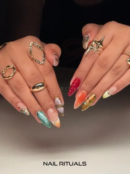 Why settle for one style when you can wear them all? This set features a vibrant mix of abstract designs, from bold red to cool turquoise with gold accents.