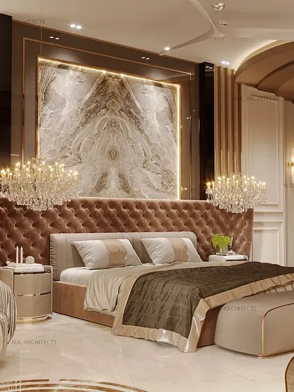 A neo-classical and contemporary blend. This bedroom features a tufted headboard, a statement marble panel, and a custom wallpaper depicting a cityscape, all tied together with a curved ceiling design.