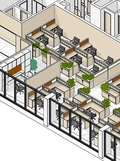 A zoomed-in axonometric view of the workstation layout for the IHCL office. This drawing demonstrates our space planning capabilities, ensuring an efficient and organized office environment.