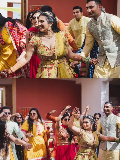 The beautiful bride herself, leading her friends on the dance floor during her Mehendi ceremony. It’s amazing to see everyone let loose and celebrate together with a choreographed routine that still feels spontaneous and fun.