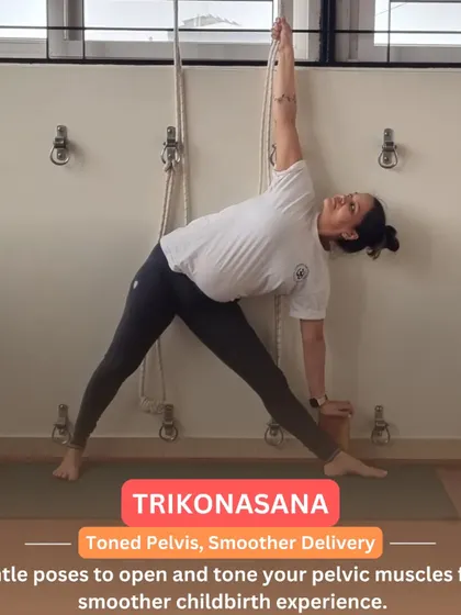 Trikonasana (Triangle Pose) is a wonderful way to tone the pelvic muscles and open the hips, which can contribute to a smoother childbirth experience. We always practice it with support to ensure safety.