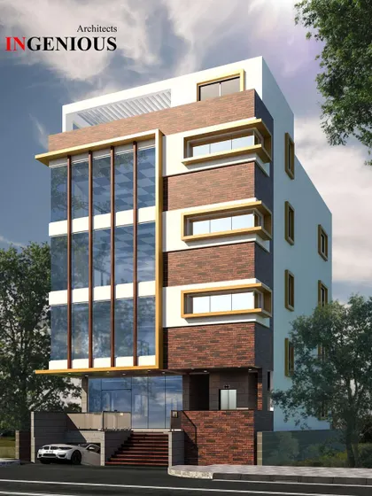 This 3D visualization for a commercial building in HSR Layout explores a mix of materials, including brick-textured panels and a glass curtain wall.