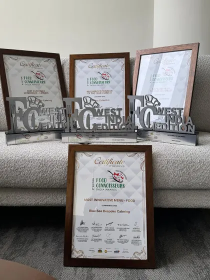 Our collection of trophies and certificates from the Food Connoisseurs India Awards. We were honoured to win for Most Innovative Menu, Best Customer Experience, and Best Service Provider.