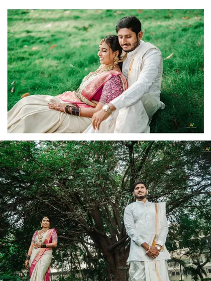 A collage of a couple's post-wedding portraits in a park, capturing serene and romantic moments.