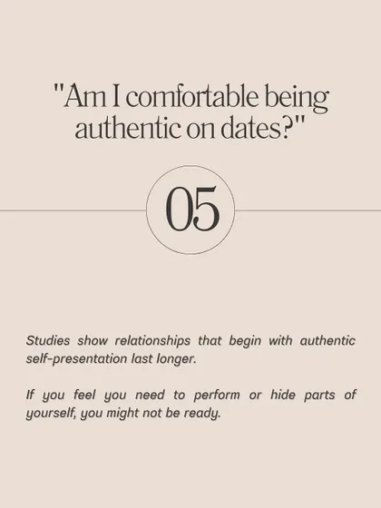 **Ask yourself these five questions before you start dating again.** What did I learn from my last relationship? Am I dating because I want to or because I feel I should? Have I processed my emotional baggage? What are my non-negotiables versus my preferences? Am I comfortable being authentic on dates? The answers will determine your readiness.