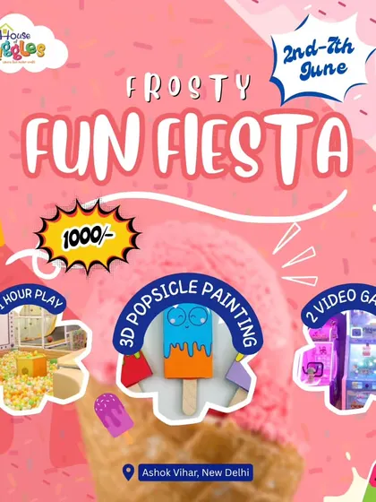 Our Frosty Fun Fiesta poster details the cool activities, including 3D popsicle painting, playtime, and video games for a day of summer fun.