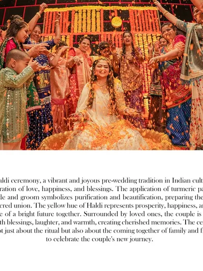 The bride surrounded by her loved ones as they shower her with blessings and flower petals during the Haldi ceremony. A moment of pure community and joy.