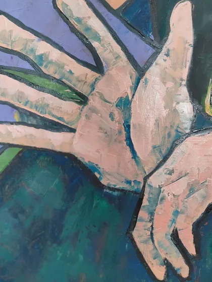 Detail of the hands in "I am that Horse, Elephant and the Peacock." The gesture is one of both shielding and revealing.