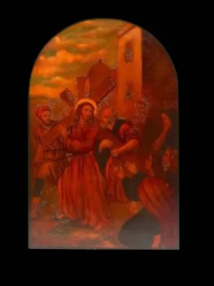 A duplicate of the scene where Jesus meets his mother. The emotional connection between the figures is the central focus of this composition.