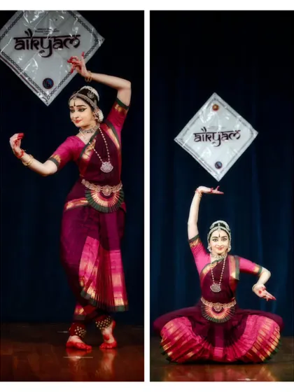 A collage of poses from a performance at Aikyam 2024, showing different moments of storytelling and pure dance.