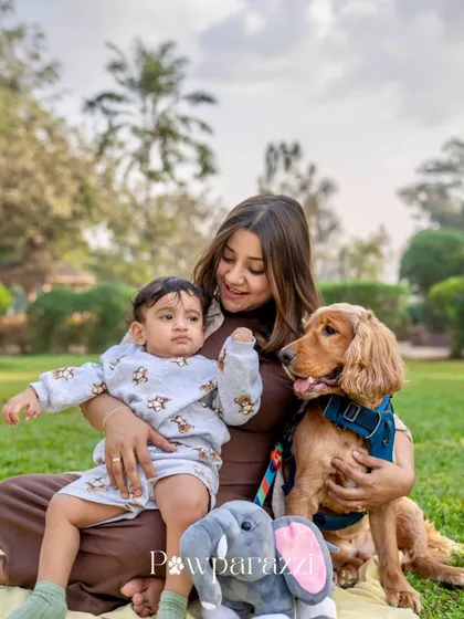 A mother holds her son while sitting next to their cocker spaniel in a park, a perfect family moment.