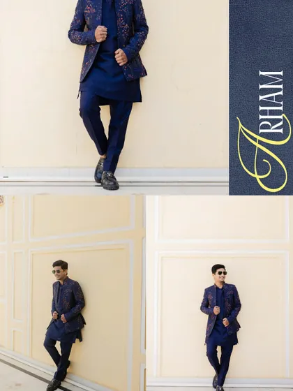 A collage showcasing the groom's stylish navy blue carnival outfit from different angles. His cool and confident poses are highlighted in this series of portraits.