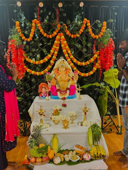 A family prayer during the Ganesh Chaturthi festival. It's wonderful to share these spiritual moments with our loved ones at the studio.