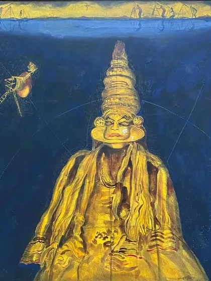 A 2000 mixed-media on canvas by Aditya Basak depicting a Kathakali dancer. The deep blue and gold palette, combined with the mysterious figures of fishermen above, creates a surreal and captivating narrative, typical of this contemporary Bengali artist.