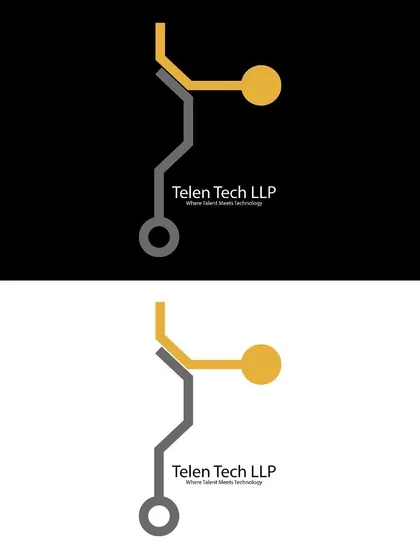 Here, the Telen Tech logo is displayed on both black and white backgrounds. This demonstrates the mark's versatility and ensures it maintains its integrity across different digital and print contexts.