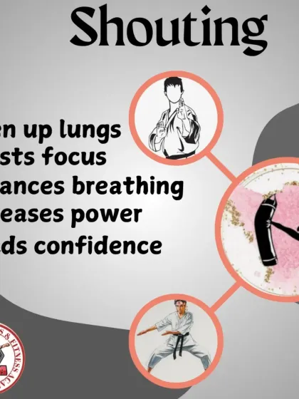 Shouting in karate, or 'Kiai,' opens up the lungs, boosts focus, and increases power. It is a release of your spirit and energy.