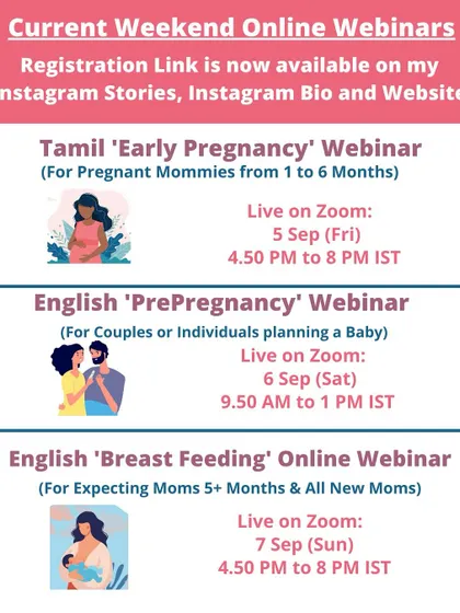 Here is a schedule for my weekend online webinars, including Early Pregnancy, Pre-Pregnancy, and Breast Feeding sessions. There is a class for every stage of your journey.
