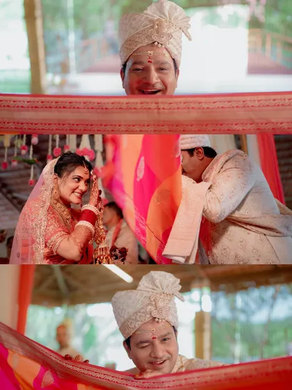 The playful peek-a-boo moment during Tania and Vinod's wedding ceremony, a fun tradition that brings out genuine smiles and laughter.