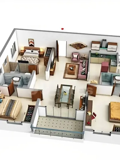 This 3D floor plan illustrates an efficient apartment or small home layout. The model includes three bedrooms, a combined living and dining area, a compact kitchen, and a balcony, demonstrating how we optimize space for functionality and comfort.